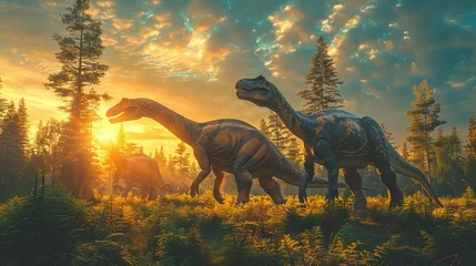 Poster Dinosaurs in the Triassic period age in the green grass land and blue sky background, Habitat of dinosaur, history of world concept © Jennifer