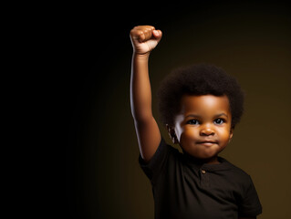 Black baby, kid with fist raised, black history month concept, african american boy, copyspace, blank space for text, inclusivity and diversity, protest 