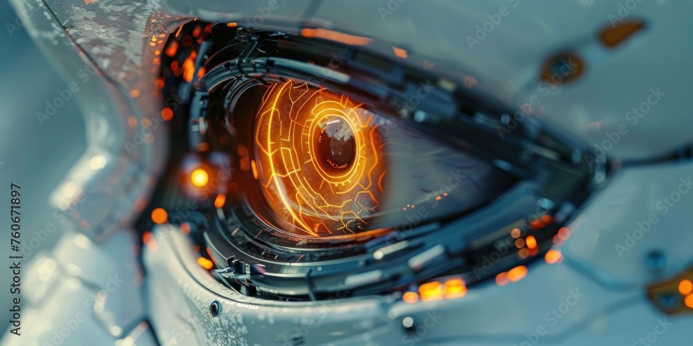 Poster detailed view of a high-tech futuristic object, showing intricate designs and components of a robot.