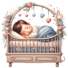 Cute Sleeping Baby in Cradle Clipart Watercolor Sleep Baby Shower First Birthday Printable Sleepy Baby PNG for Paper Craft Junk Journal Stickers