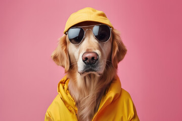 Beautiful dog, golden retriever wearing yellow jacket and cap sunglasses on rose background.Pet...