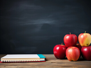 Books or school supplies with two apples on the background of an empty small school blackboard with space for text, back to school theme 