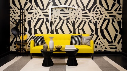 Incorporate black and yellow graphic print wallpaper for a contemporary feel.