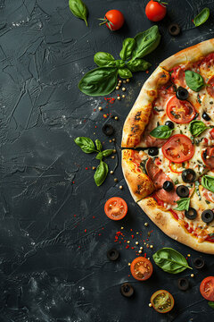 Top view of pizza for food background with empty space for text, Generative AI.