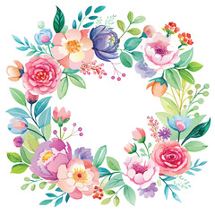 Fototapeta na wymiar Watercolor floral wreath with flowers and leaves. Hand drawn vector illustration.