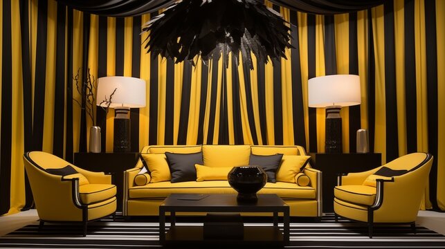 Incorporate black and yellow striped fabric panels from the ceiling with fringe trim for added drama.