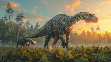 Fototapeta na wymiar Dinosaurs in the Triassic period age in the green grass land and blue sky background, Habitat of dinosaur, history of world concept