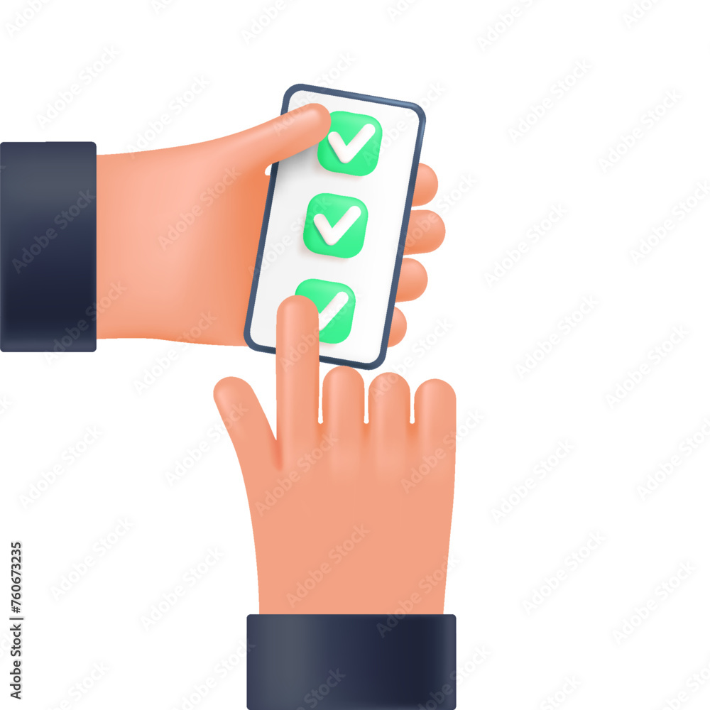 Poster checklist on the phone in the user's hand, 3d style for graphic design. phone in hands in vector car