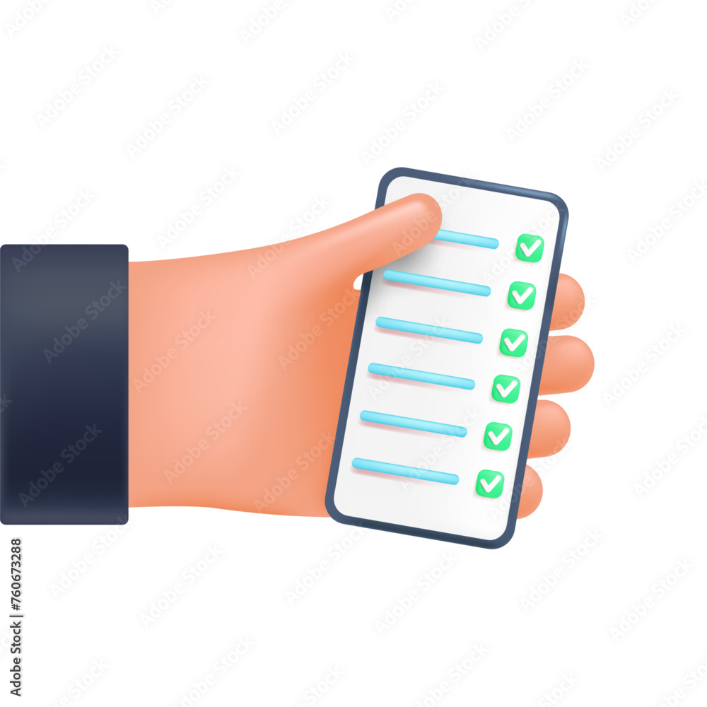 Poster checklist on the phone in the user's hand, 3d style for graphic design. hand with phone in vector ca