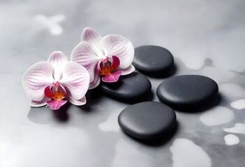 black spa stones with two pink and white orchid flowers on a reflective grey surface