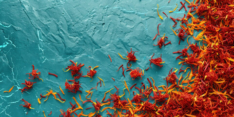 Closeup of vibrant orange and red flowers on blue surface, beautiful floral background with vivid colors