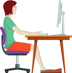 Woman working at computer desk side view. Sitting posture