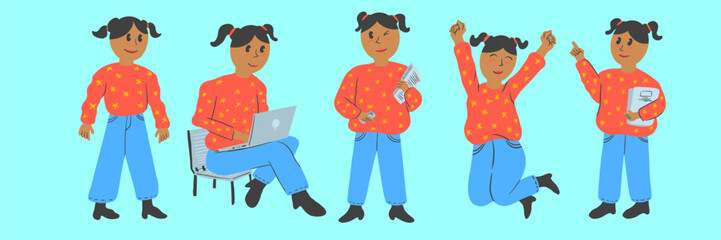 Illustration group poses of brown women who are being college students 