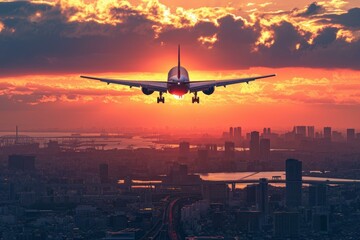 Fototapeta na wymiar Majestic Aeroplane flying sunset. Motor air jet. Generate AI