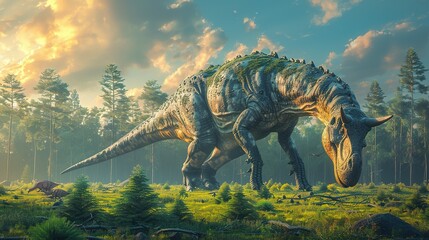 Dinosaurs in the Triassic period age in the green grass land and blue sky background, Habitat of dinosaur, history of world concept