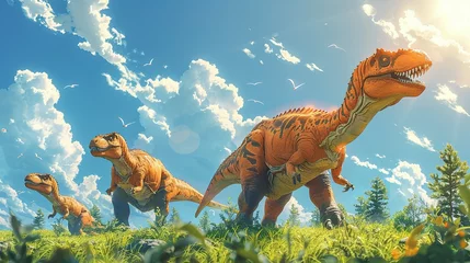 Keuken spatwand met foto Dinosaurs in the Triassic period age in the green grass land and blue sky background, Habitat of dinosaur, history of world concept © Jennifer