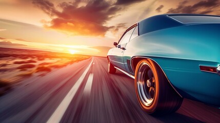 Fototapeta na wymiar Classic Muscle Car Speeding at Sunset