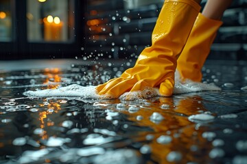 Hands in Yellow Gloves Washing Floor with Soap Suds - obrazy, fototapety, plakaty