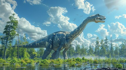 Dinosaurs in the Triassic period age in the green grass land and blue sky background, Habitat of dinosaur, history of world concept