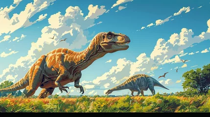 Afwasbaar Fotobehang Dinosaurus Dinosaurs in the Triassic period age in the green grass land and blue sky background, Habitat of dinosaur, history of world concept
