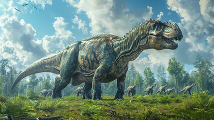 Dinosaurs in the Triassic period age in the green grass land and blue sky background, Habitat of dinosaur, history of world concept