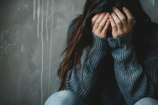 woman sitting with their face buried in their hands, which can be indicative of sadness, grief, or despair.