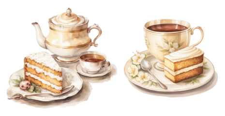 Elegant teapot and cup with slice of cake