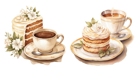 Delicate cake and coffee watercolor illustration