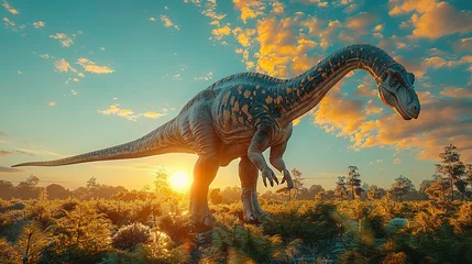 Fotobehang Dinosaurs in the Triassic period age in the green grass land and blue sky background, Habitat of dinosaur, history of world concept © Jennifer