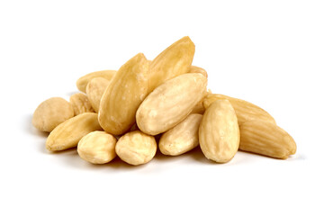 Blanched almond nuts, isolated on white background.