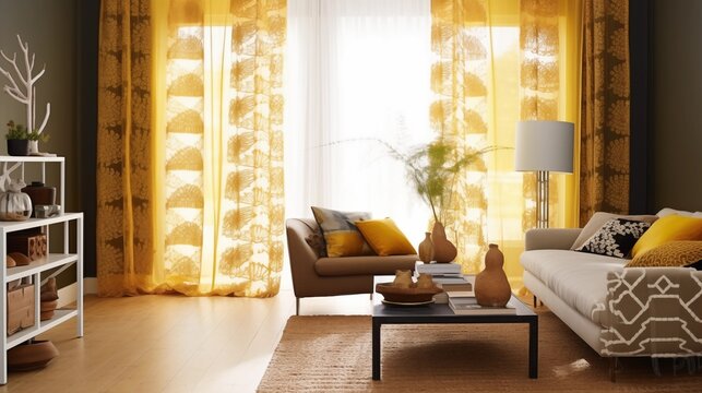 Incorporate yellow sheer curtains with a tribal-inspired print for global appeal.