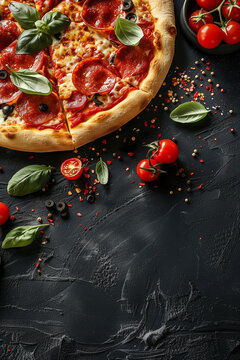 Top view of pizza for food background with empty space for text, Generative AI.