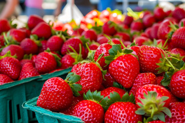 Strawberry Farmer's Market Display: A vibrant display of freshly harvested strawberries at a farmer's market, showcasing the variety and quality of the crop. 