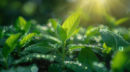 Dewdrops sparkle on the vibrant green leaves of a young plant, illuminated by the golden rays of the early morning sun.