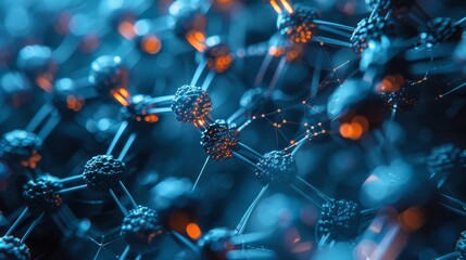 Close-up view of a molecular structure model with spherical atoms and connecting rods, rendered in cool blue hues, symbolizing complex chemical networks. - obrazy, fototapety, plakaty