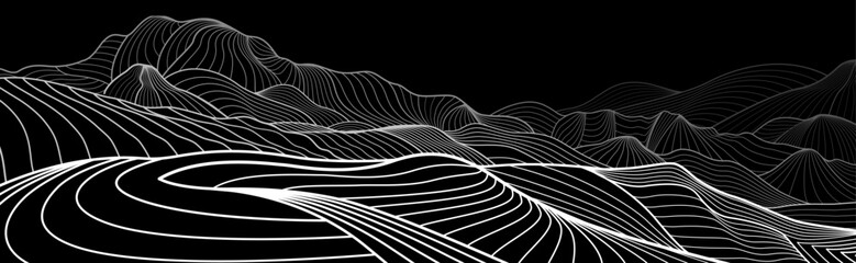 Abstract mountains outline illustration. Dark night landscape. Himalayas. Snow hills. White line on black background. Vector design art - 760676498