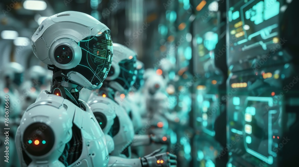 Poster an array of white high-tech robots with blue illuminated circuit board heads, standing in a futurist