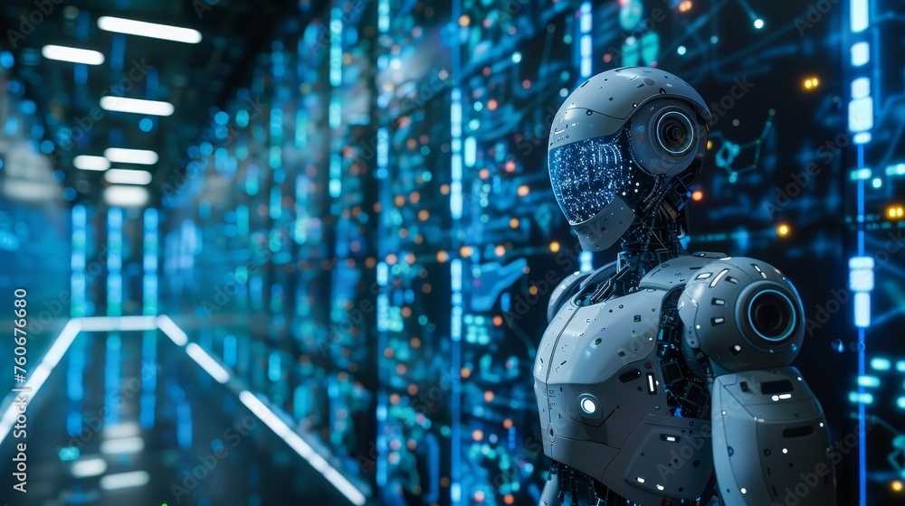 Poster a humanoid robot with a visible digital brain stands contemplatively in a server room filled with bl