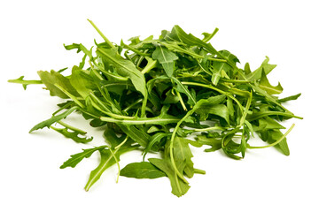 Fresh vegetarian arugula salad, isolated on white background. High resolution image.