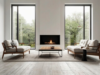 living room interior mockup, modern furniture and decorative arch with trendy dried flowers with white sofa and armchair on the White Background