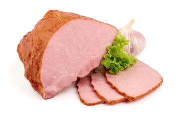 Sliced smoked pork loin, isolated on white background.