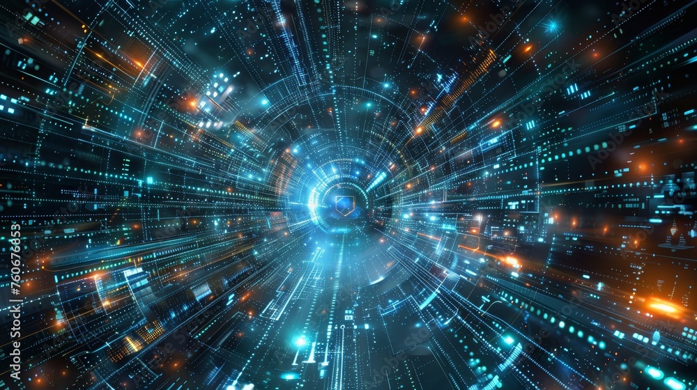 Poster digital representation of a high-speed data tunnel in cyberspace with glowing blue light streams and