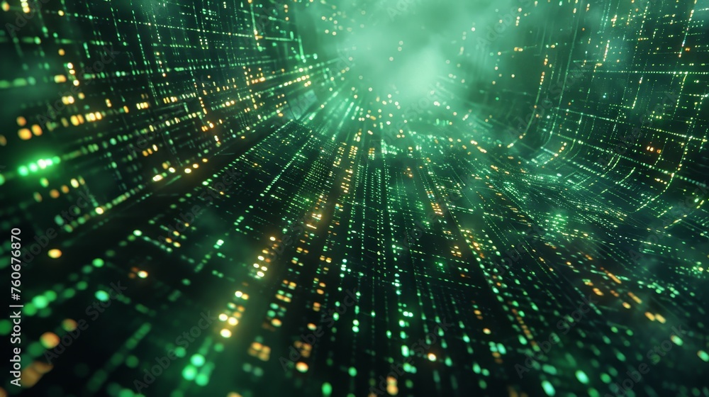 Poster dynamic green data stream lines racing through a virtual reality tunnel, depicting high-speed data t