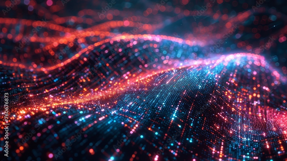 Poster abstract digital landscape with a wave of neon blue and red particles, symbolizing data flow and con