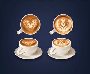 Coffee Cups With Foam Patterns Feature Artistically Created Designs Of Heart And Leaves On The Surface Of A Latte