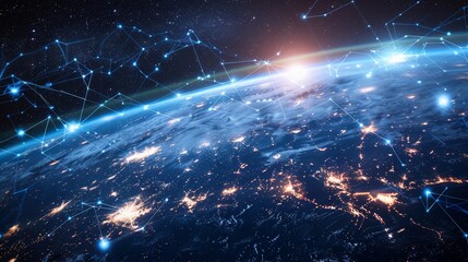 Obraz premium Digital network constellation forms over the Earth's night side, symbolizing global connectivity and communication.