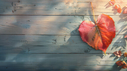 Red heart leaf on classic wooden background