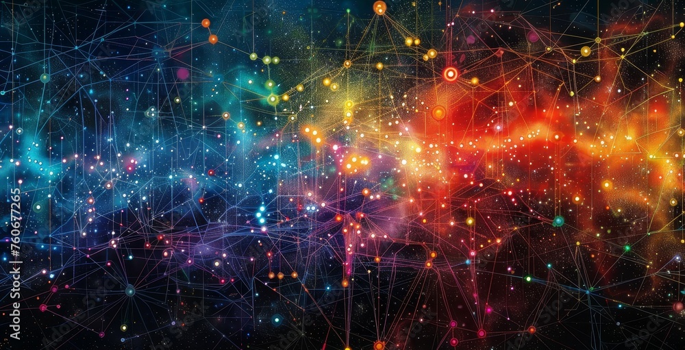 Aufkleber An abstract network of connections overlays a cosmic backdrop, symbolizing the vast and intricate web of digital communication.