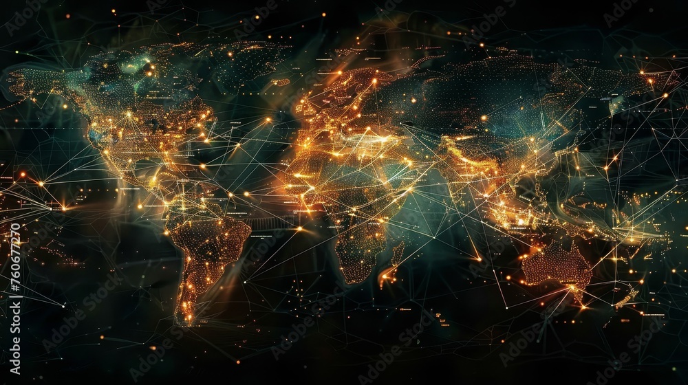 Aufkleber an intricate global network of connections spreads across a stylized world map, highlighting the int
