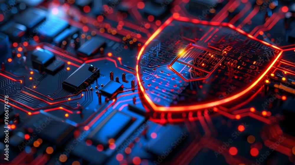 Poster a bright red cybersecurity shield icon illuminates amidst the complex pathways of an electronic circ